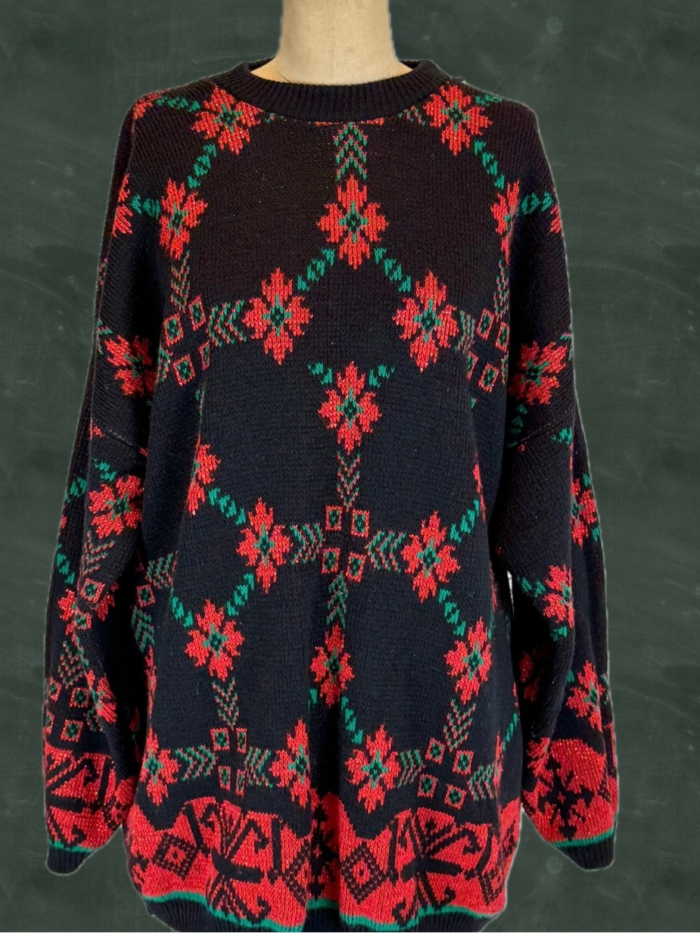 VINTAGE 80s poinsettia‎ floral knit sweater oversized tunic slouchy Christmas